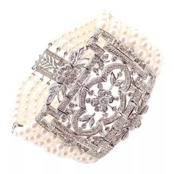 Vintage Estate 18k White Gold Diamond 7 Row 4.5mm Pearl Bracelet - Picture 1 of 15